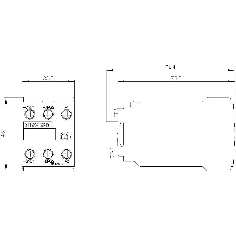 Technische tekening van een Siemens-relais. Toont afmetingen: 46 mm hoogte, 32,8 mm breedte, 80,4 mm lengte. Aansluitingen en merknaam zichtbaar.