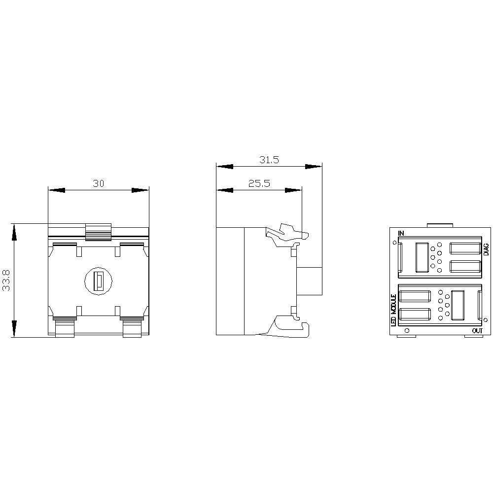 Technische tekening van een elektrisch onderdeel met afmetingen: breedte 30 mm, hoogte 33,8 mm, diepte 25,5 mm. Vooraanzicht toont aansluitingen.