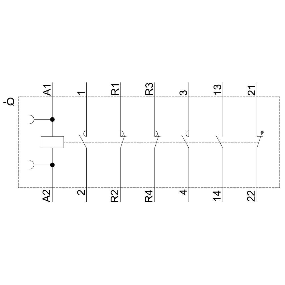 Een schakelschema van een relais met spoelcontacten A1 en A2, alsmede schakelpunten R1, R3 en R4, die zijn verbonden met de aansluitingen 1, 3, 4, 13, 14.