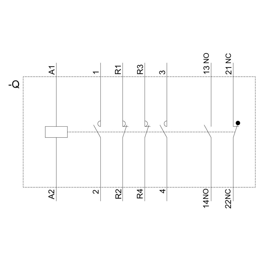 Schakelschema van een elektrische schakeling met symbolen voor schakelaars, weerstanden (R1 tot R4) en aansluitingen (A1, A2, 1, 2, 3, 4, 13 NO, 14 NO, 21 NC, 22 NC).