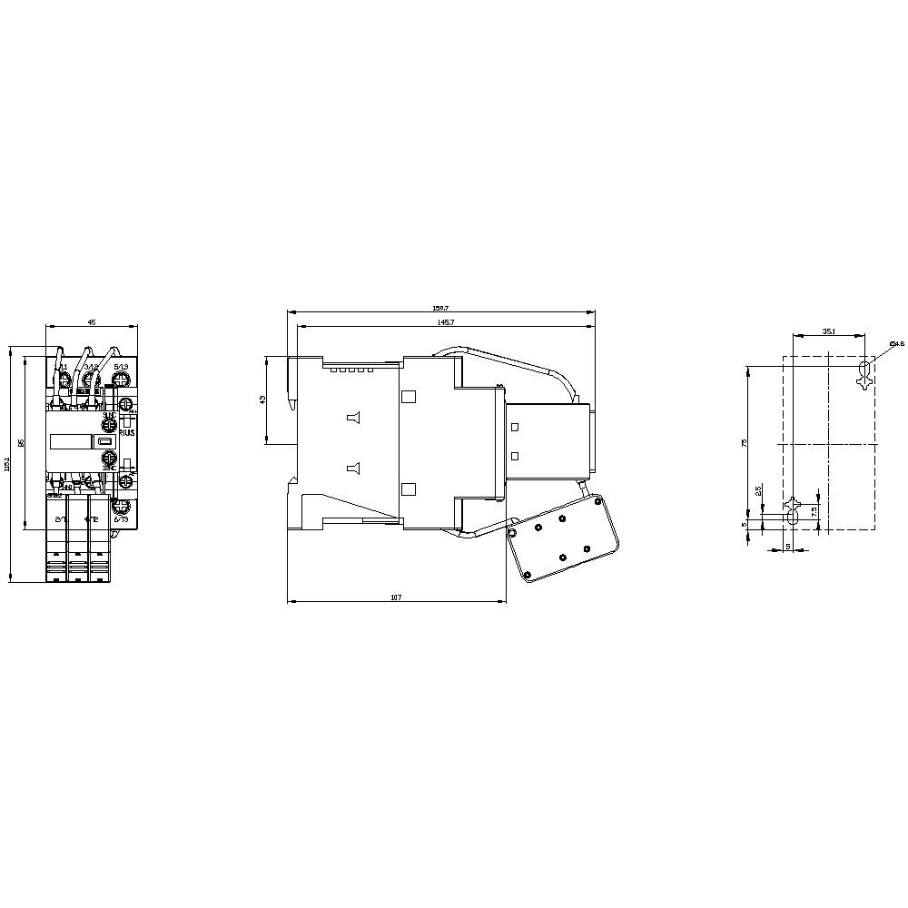 Technische tekening van een elektrische schakelaar of relais met afmetingen weergegeven in verschillende aanzichten.