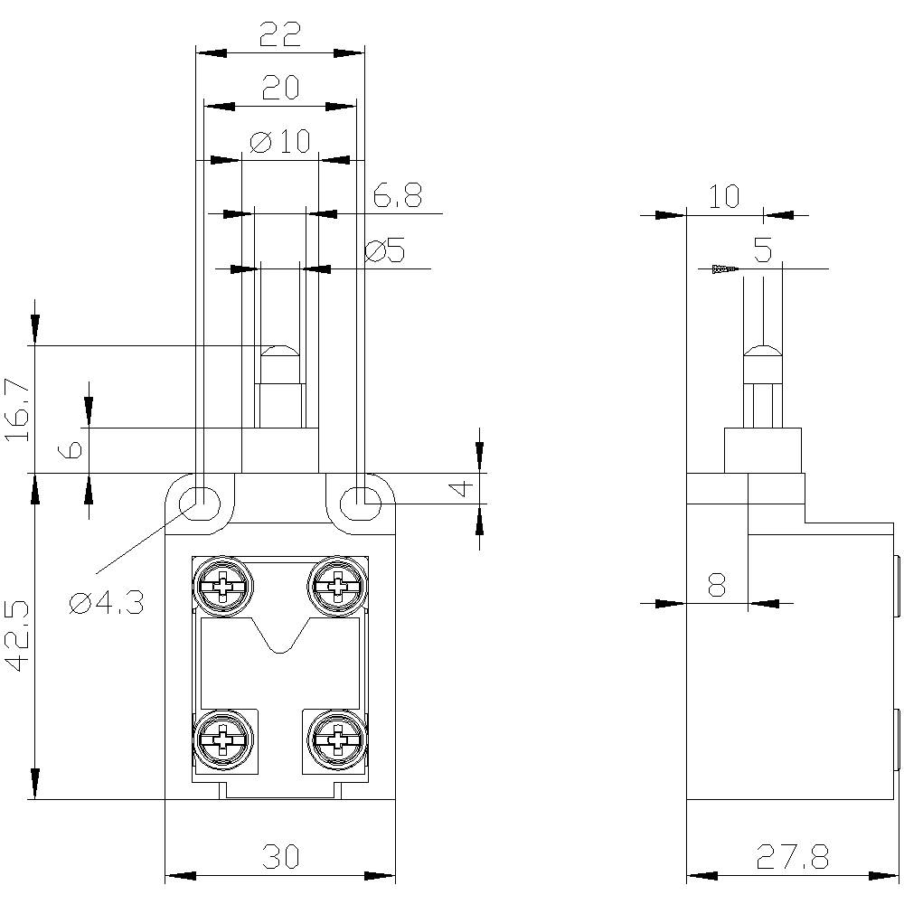 Technische tekening van een elektrisch onderdeel met afmetingen in millimeters: breedte 30, hoogte 42,5. Toont schroefgaten en aansluitingen.