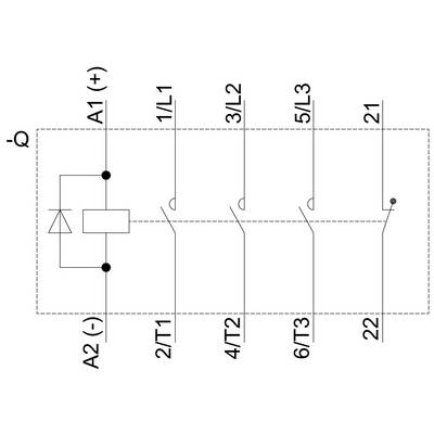 'Beschermingscircuitschema met aansluitklemmen A1(+) en A2(-). L1, L2, L3 voor stroomgeleiding naar uitgang T1, T2, T3.'