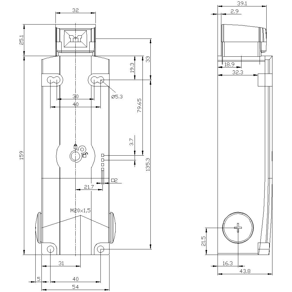 Mechanische tekening van een onderdeel met meerdere afmetingen in millimeters. De voor- en zijaanzichten tonen details zoals schroefgaten.