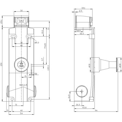 Bouwtekening van een sirenemodule met meerdere aanzichten en gedetailleerde maatvoering, inclusief hoogte, breedte en positie van de boorgaten.