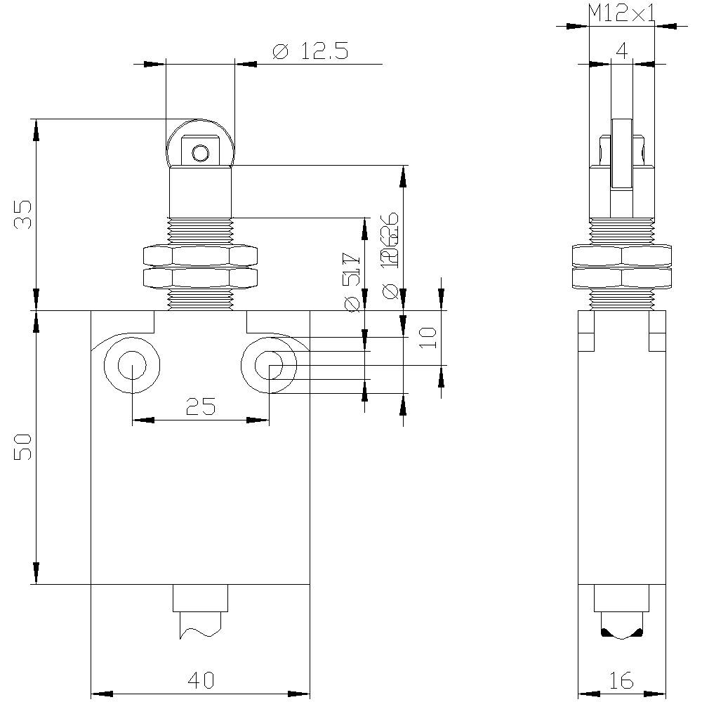 Technische tekening van een cilindrisch onderdeel met afmetingen in millimeters. Bevat details zoals diameter en schroefdraadgrootte M12x1.