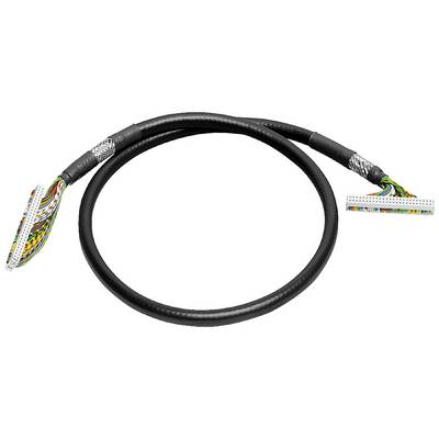 Een zwarte kabel met ontblote, gekleurde draden aan beide uiteinden.