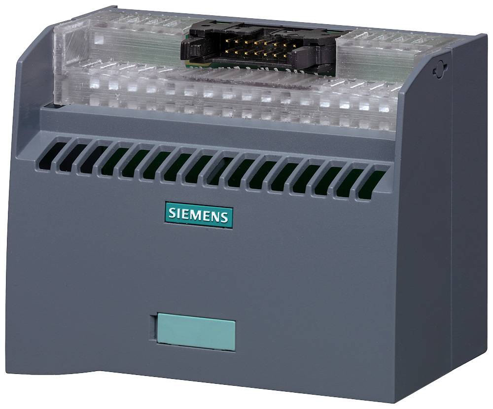 Een grijs Siemens industrierelaisbehuizing met ventilatiesleuven, een stekkerverbinding bovenaan en het Siemens-logo aan de voorkant.
