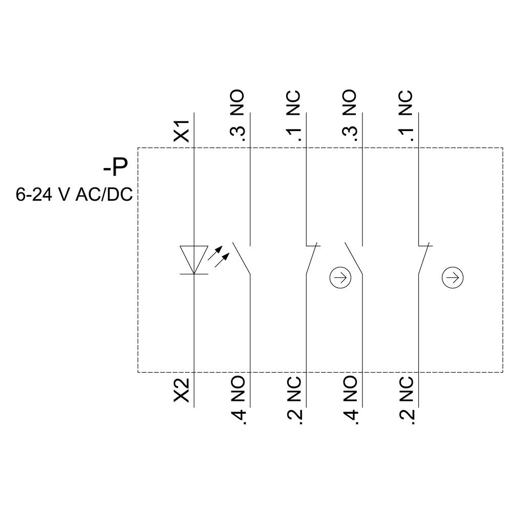 Schakelschema van een relais voor 6-24 V AC/DC met aansluitingen: X1 '3 NO', '1 NC'; X2 '4 NO', '2 NC'. LED-indicatie voor schakeltoestandweergave.