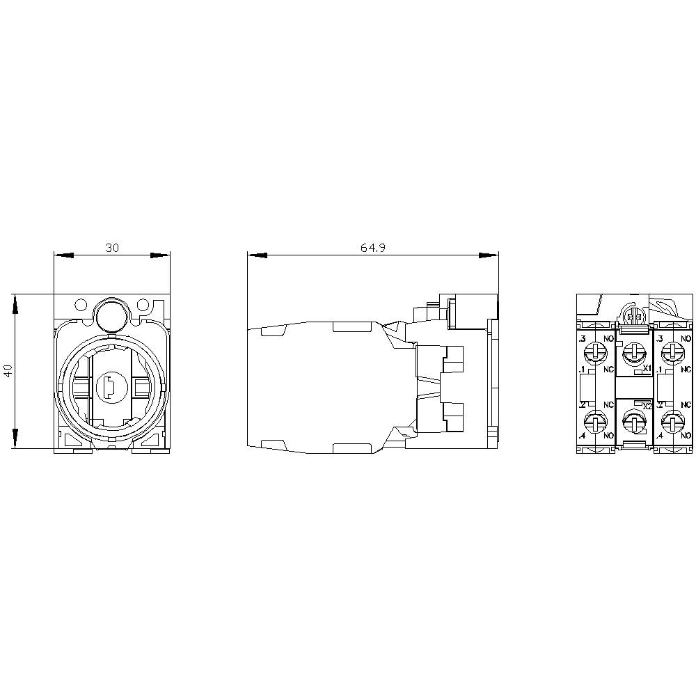 Technische tekening van een elektrische schakelaar met afmetingen: hoogte 40 mm, breedte 30 mm, lengte 64,9 mm. Toont voor-, zij- en bovenaanzicht.
