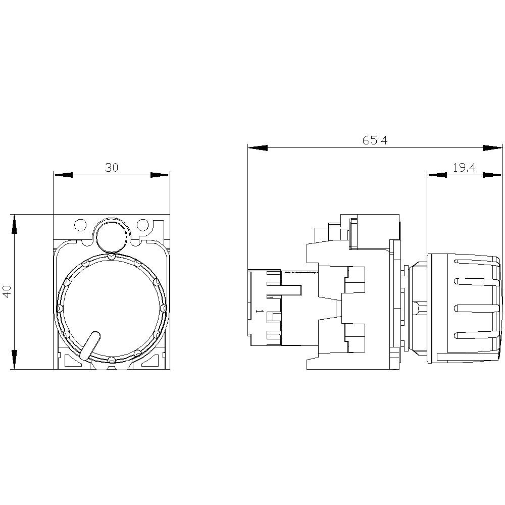 Technische tekening van een elektrische schakelaar met afmetingen: 30 mm breedte, 40 mm hoogte, zijaanzicht 65,4 mm diepte, knop rechts.