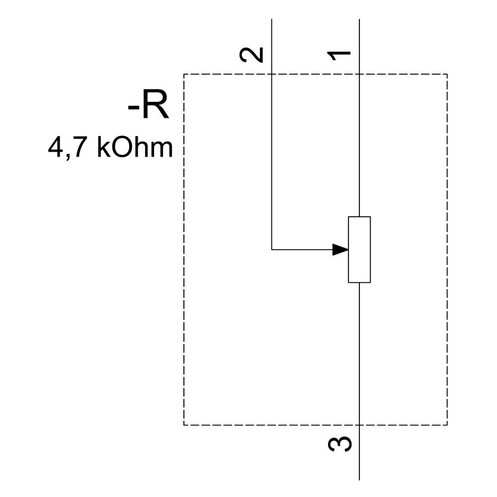 'Schakelschema van een 4,7-kΩ-weerstand met aansluitingen 1, 2 en 3. De weerstand is geschakeld tussen aansluitingen 2 en 3.'