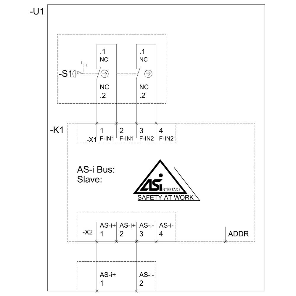 AS-i Bus: Slave' diagram, toont schakelschema met aansluitingen S1, K1 voor veiligheidsapplicaties. Verbindingen naar AS-i interface gemarkeerd.