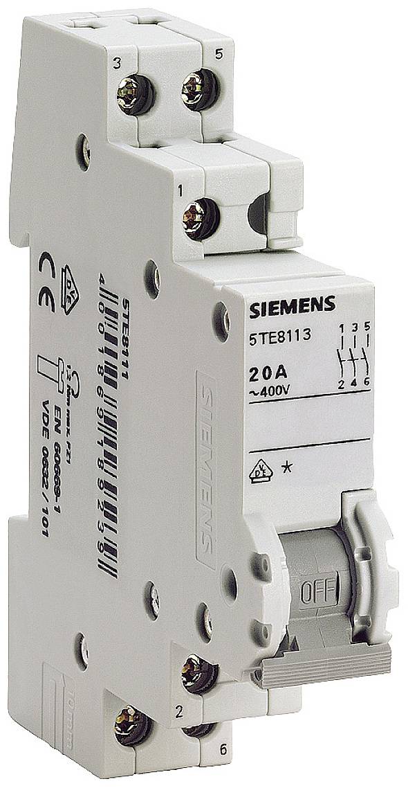 Enkelpolige vermogensschakelaar van Siemens, model 5TE8113, met 20A nominale stroom en 400V nominale spanning.