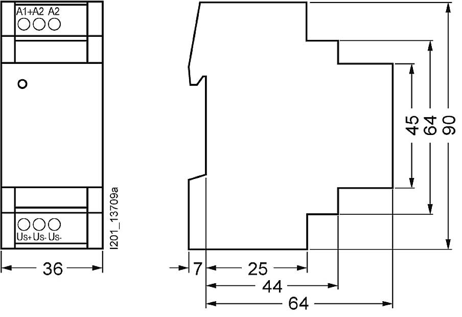 'Schakelschema van een klem met afmetingen: breedte 36 mm, hoogte 90 mm, diepte 64 mm. Aansluitklemmen A1, A2 en Us+/- gemarkeerd.'