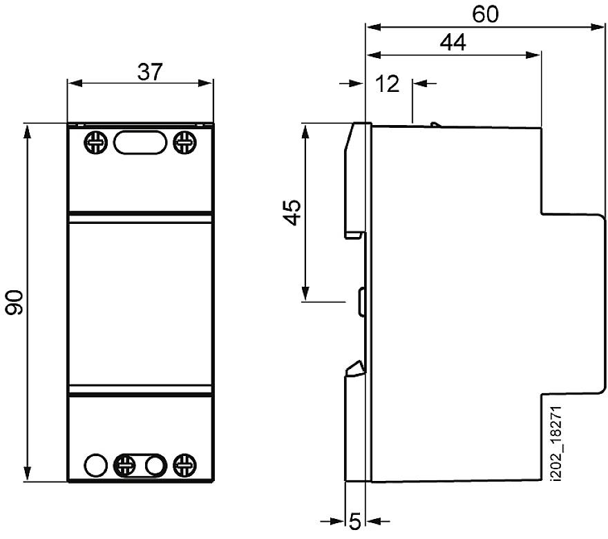Technische tekening van een rechthoekig apparaat met afmetingen: 90 mm hoogte, 37 mm breedte, 60 mm lengte. Toont voor- en zijaanzicht.