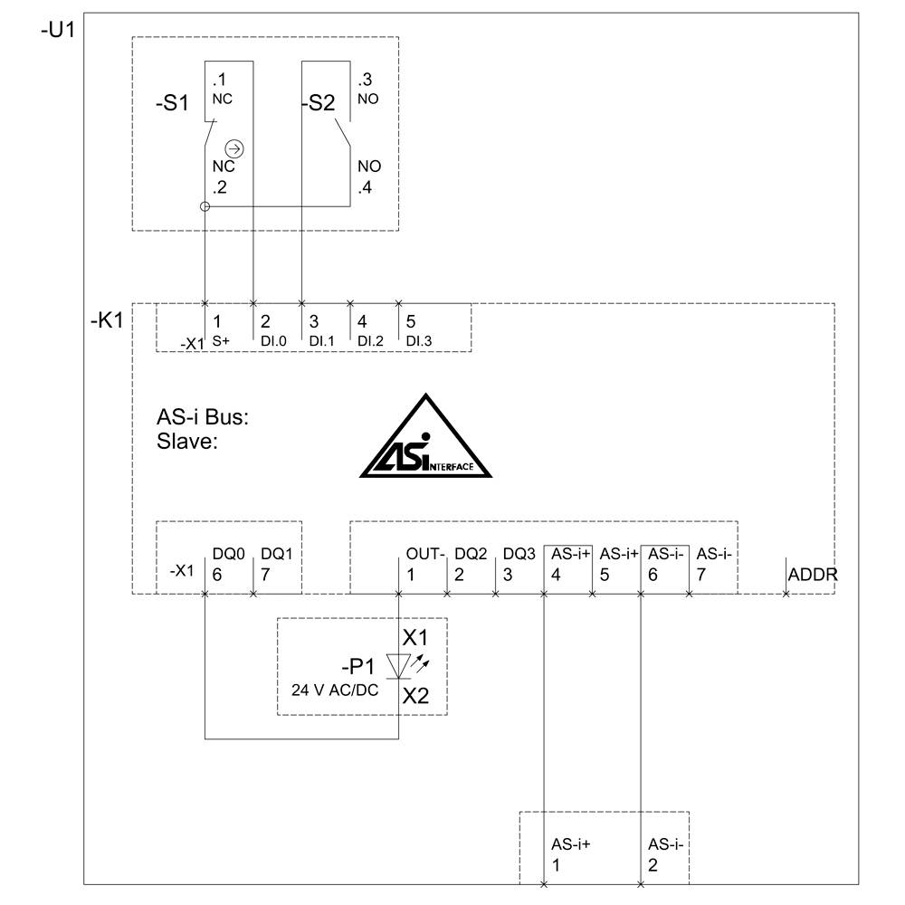 Schakelschema voor het verbinden van AS-i-systeemcomponenten: twee schakelaars (S1, S2), busverbindingen, adressen en voeding (24 V AC/DC).
