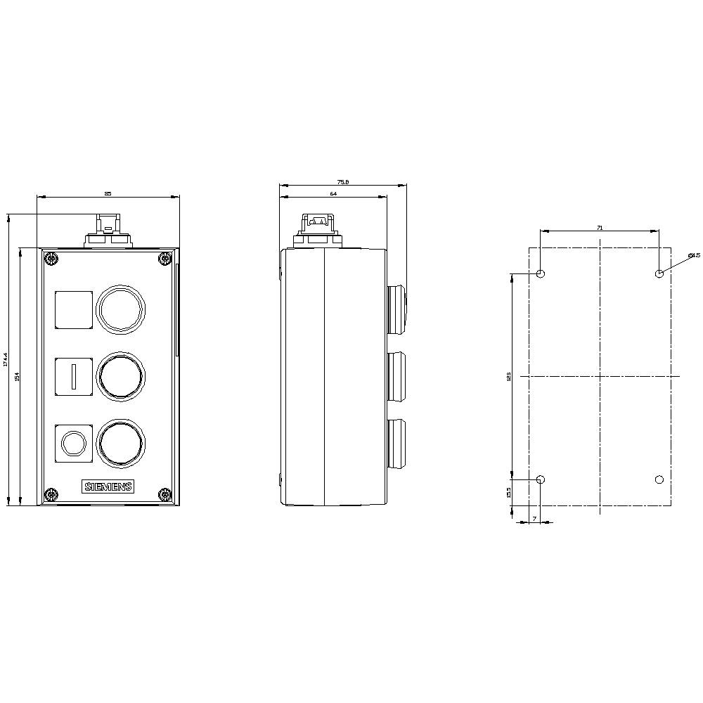 Technische tekening van een rechthoekige behuizing met meerdere openingen en afmetingen. Zij- en vooraanzicht weergegeven.