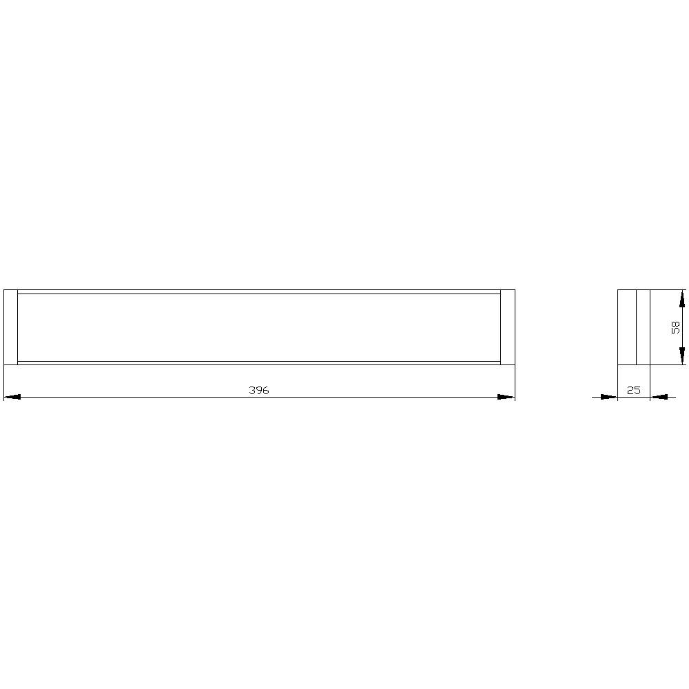 Technische tekening van een rechthoekige balk. Afmetingen: lengte 396 mm, hoogte 69 mm, breedte 25 mm.