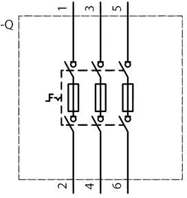 Schakelschema voor een driefasige zekeringschakeling met drie parallelle zekeringen, gekenmerkt door nummers 1 tot 6.