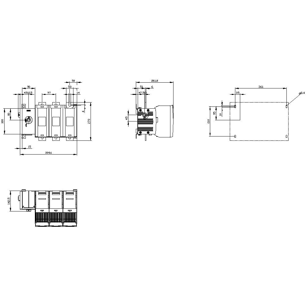 Technische tekening toont de voor- en zijaanzicht van een elektrische schakelaar met nauwkeurige afmetingen in millimeters.