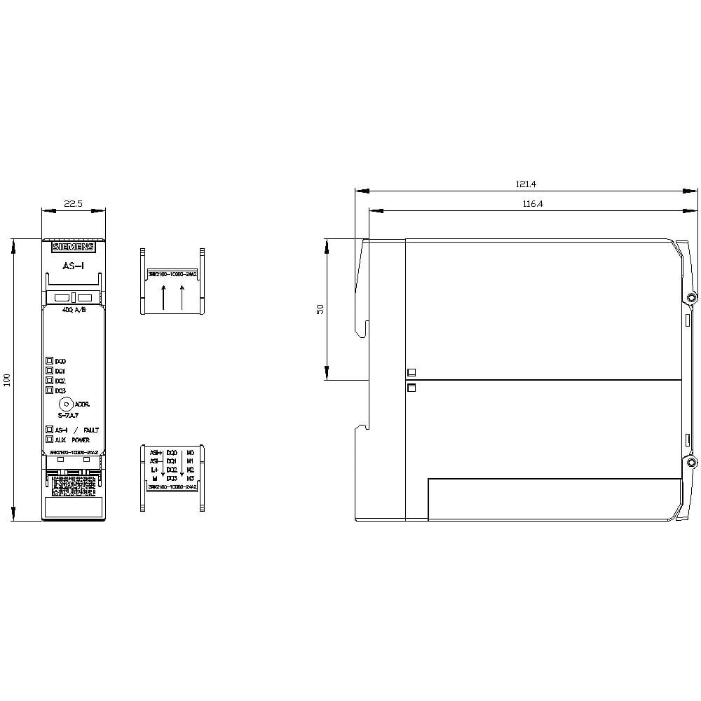 Technische tekening van een elektronische module. Toont afmetingen: 121,4 mm breedte, 116,4 mm diepte, 99 mm hoogte. Vooraanzicht en zijaanzicht inbegrepen.