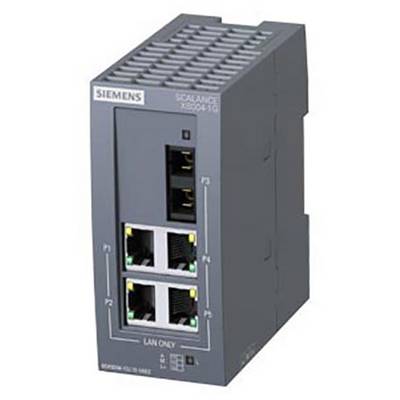 Een grijze Siemens netwerk-switch, model 'Scalance XB004-1G', met meerdere Ethernet-poorten voor LAN-verbindingen.