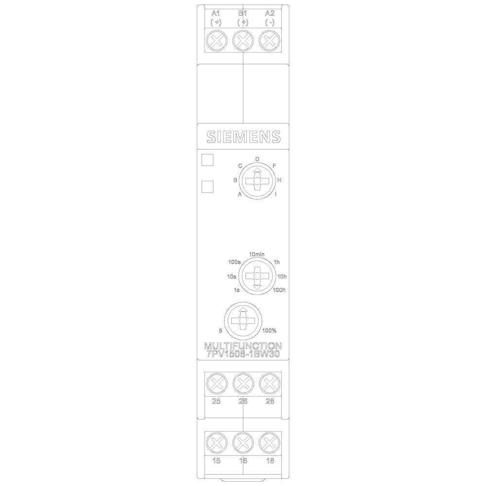 Een Siemens multifunctioneel relais, model 7PV1508-1BW30, met instelbare tijdsvertraging en verschillende aansluitklemmen.