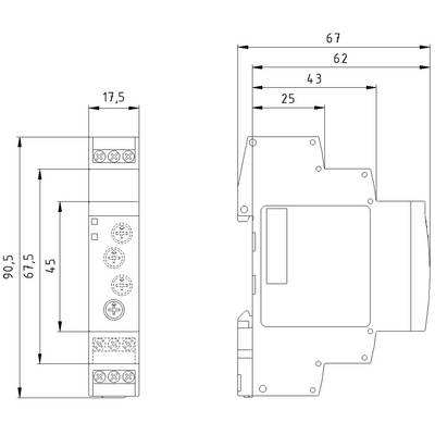 Diagram van een mechanisch apparaat met gedetailleerde afmetingen: 90,5 x 67 x 62 mm. Toont verschillende aanzichten en meetpunten.