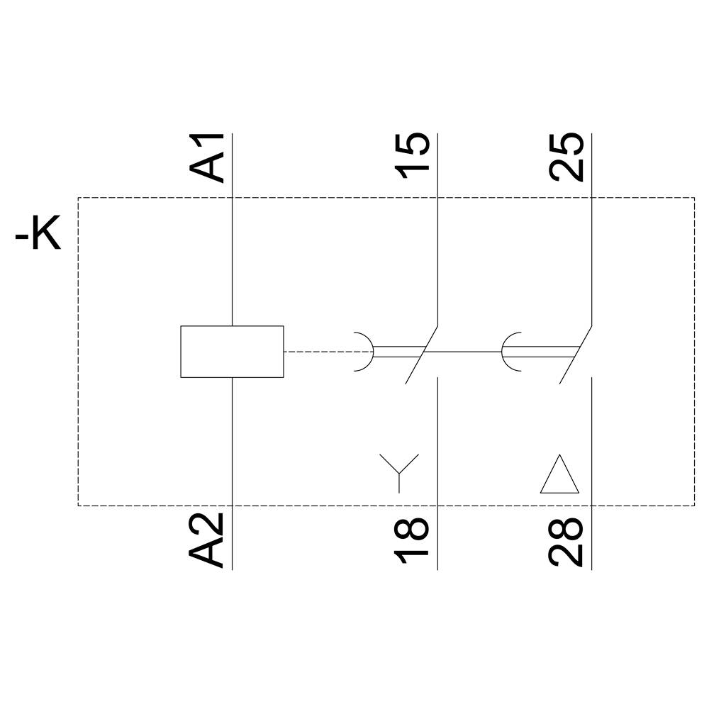 'SCHAKELSCHEMA' van een relais: Aansluitbezetting A1, A2, 15, 18, 25, 28. Symbolen voor schakelaar en spoel weergegeven.