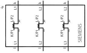 Schakelschema van een Siemens-contactor met drie parallelle schakelingen, gemarkeerd met L1, L2, L3 en aansluitingen naar aansluitklemmen K/P1, L/P2, k.