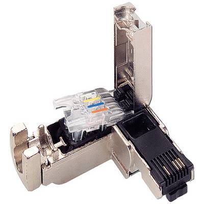 Een opengewerkte metalen RJ45-connector die laat zien hoe een Ethernet-kabel wordt aangesloten om netwerkverbindingen mogelijk te maken.