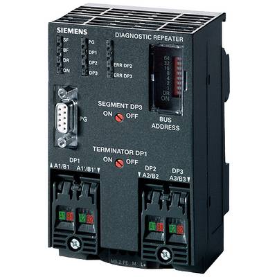 Een zwart Siemens-diagnostiekapparaat met schakelaars en LED-indicatoren voor het DP-segment en busadres. Aansluitingen voor PG en DP1-terminator.