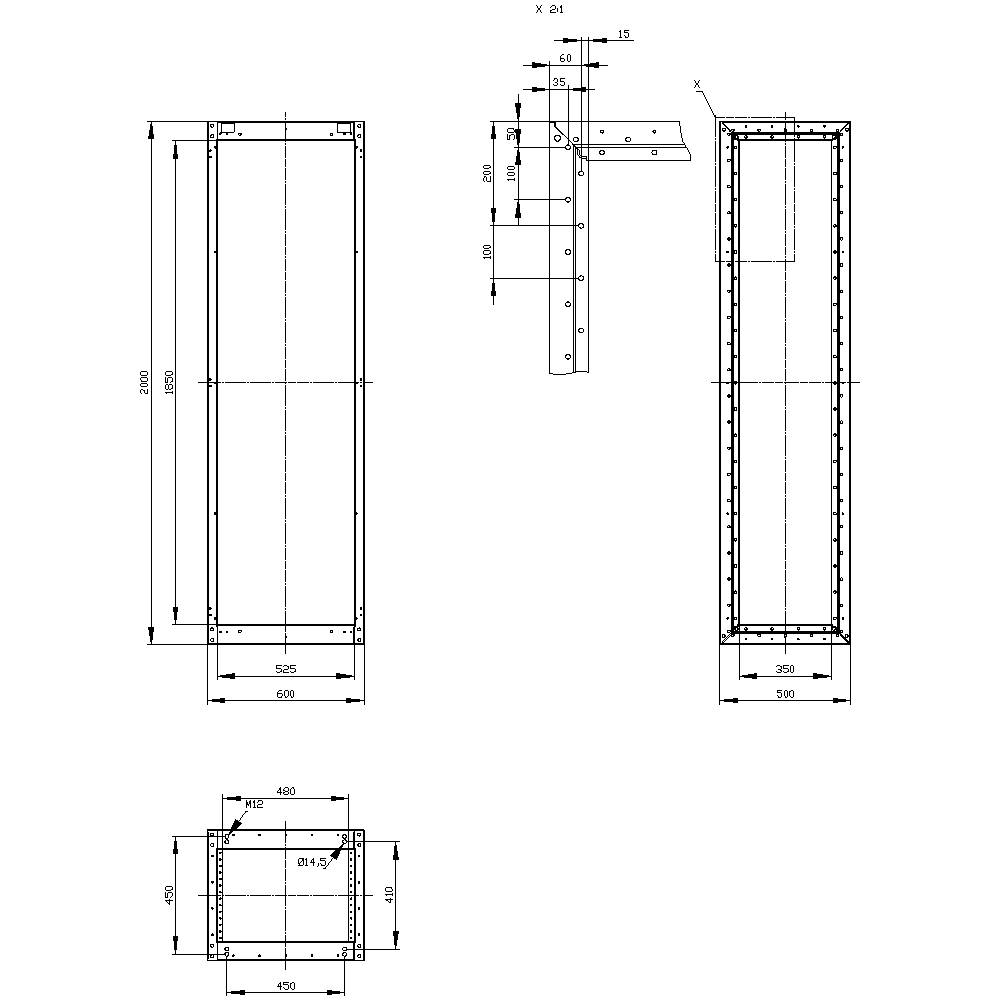 Technische tekening van een rechthoekig metalen frame in drie aanzichten: vooraanzicht, zijaanzicht en bovenaanzicht. Afmetingen inbegrepen.
