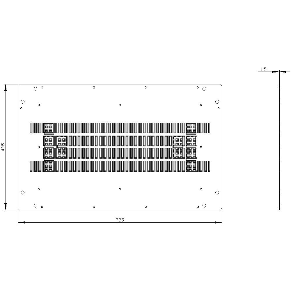 Plattekening van een rechthoekig metalen plaatje met de afmetingen 785 mm x 495 mm. De plaat bevat speciale gatpatronen voor bevestigingen.