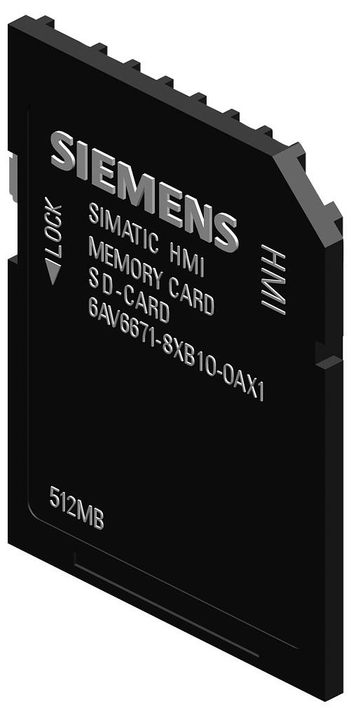 Zwarte Siemens SIMATIC HMI-geheugenkaart gelabeld 'SD-CARD' en 512MB, weergegeven in perspectief op een witte achtergrond.