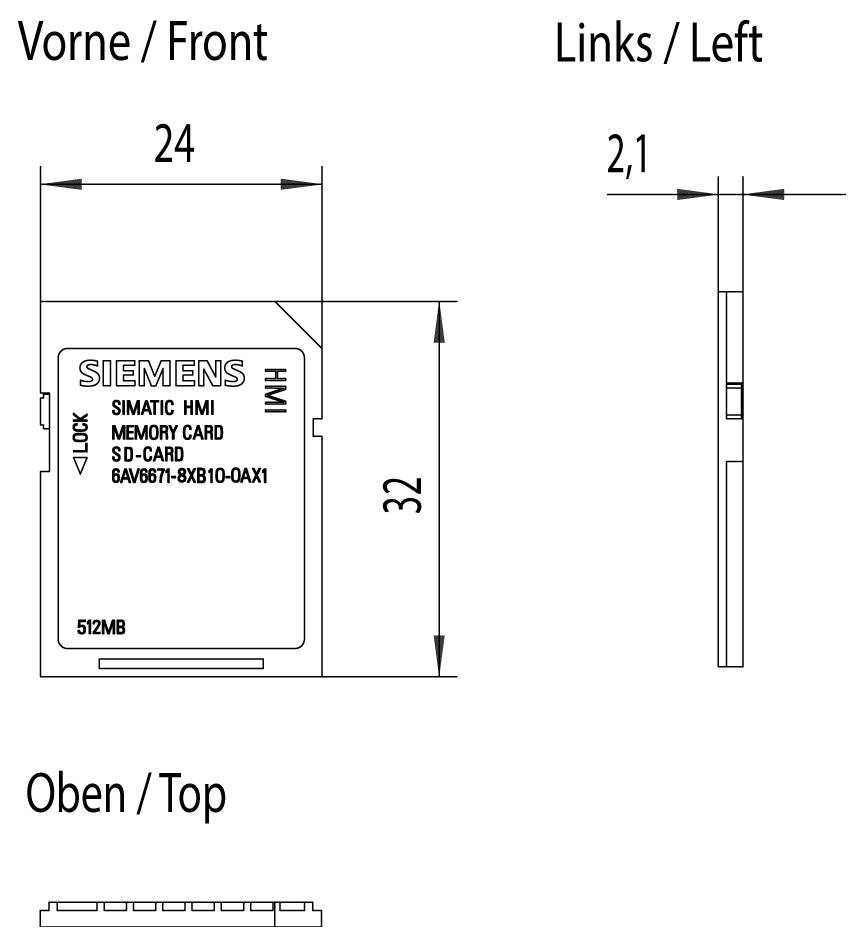 Gedimensioneerde technische tekening van een Siemens SIMATIC HMI-geheugenkaart, met vooraanzicht, linkerzijaanzicht en bovenaanzicht met afmetingen van 24 bij 32 mm en 2,1 mm dik.