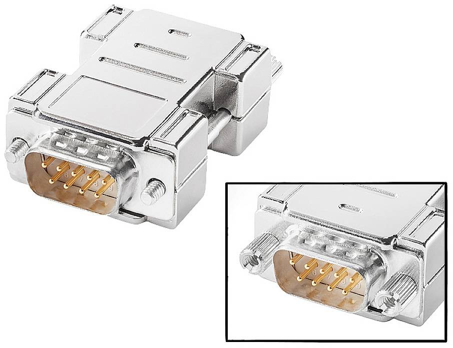 Een zilveren VGA-adapter voor het verbinden van apparaten met VGA-poorten. Close-up toont de gouden pinnen van de stekker.