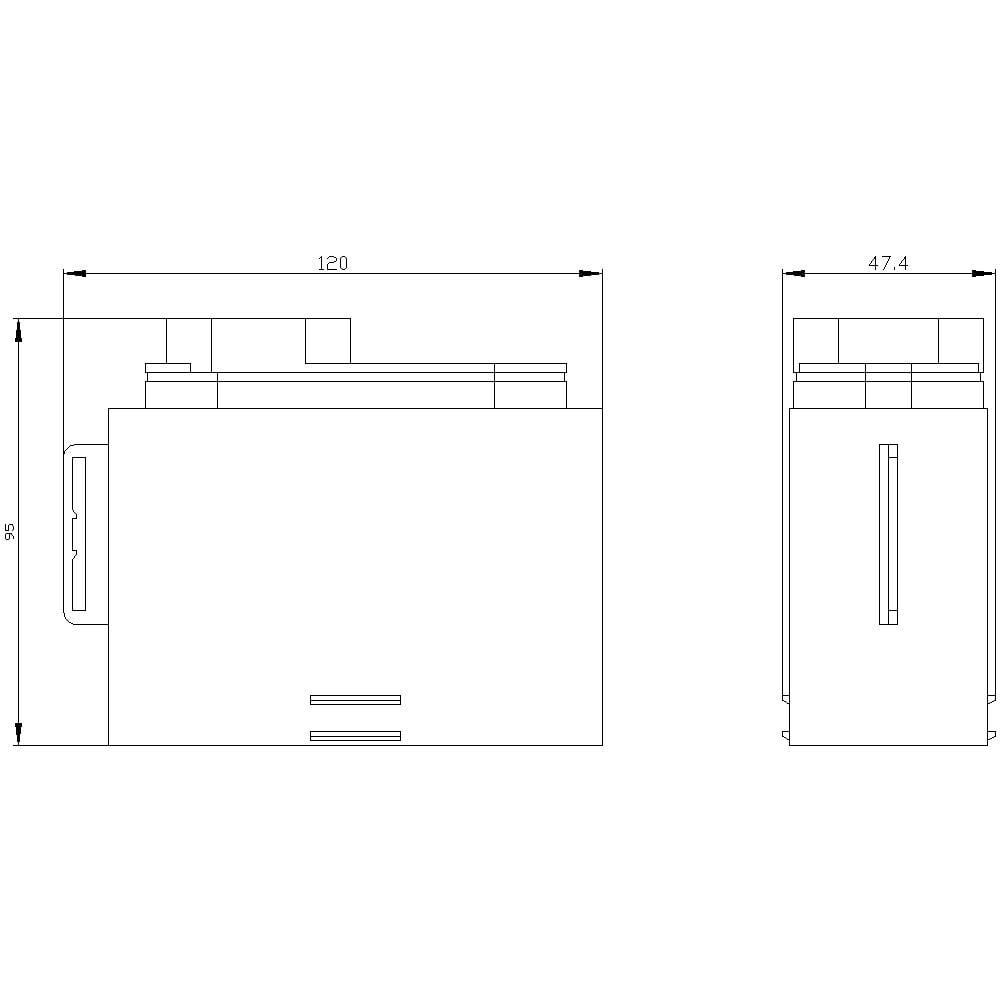Technische tekening van een rechthoekige machine met afmetingen: breedte 120 mm, hoogte 95 mm, diepte 47,4 mm, zij- en vooraanzicht.