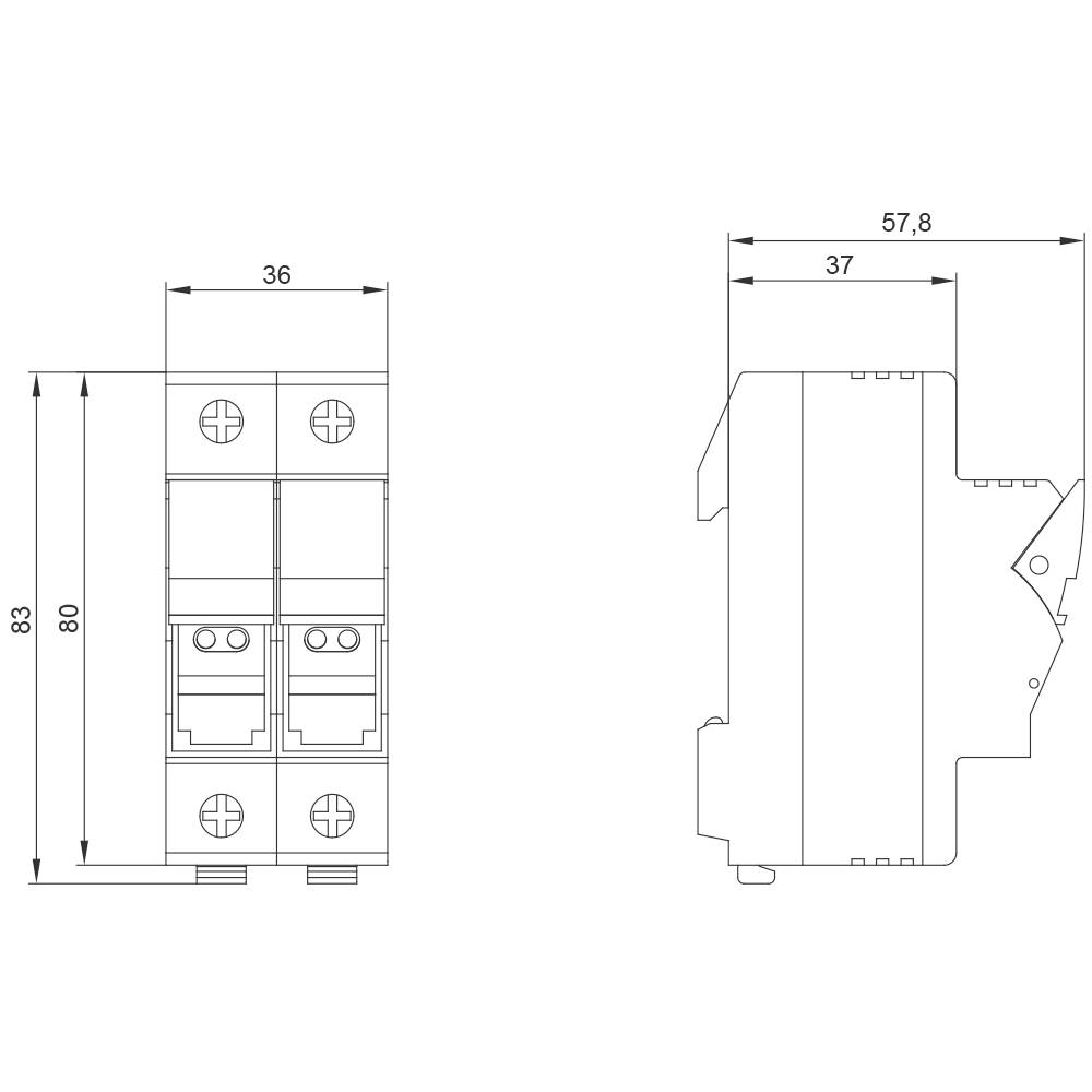 Technische tekening van een elektrisch onderdeel met afmetingen: 83 x 36 x 57,8 mm. Voor- en zij-aanzicht met schroefaansluitingen.