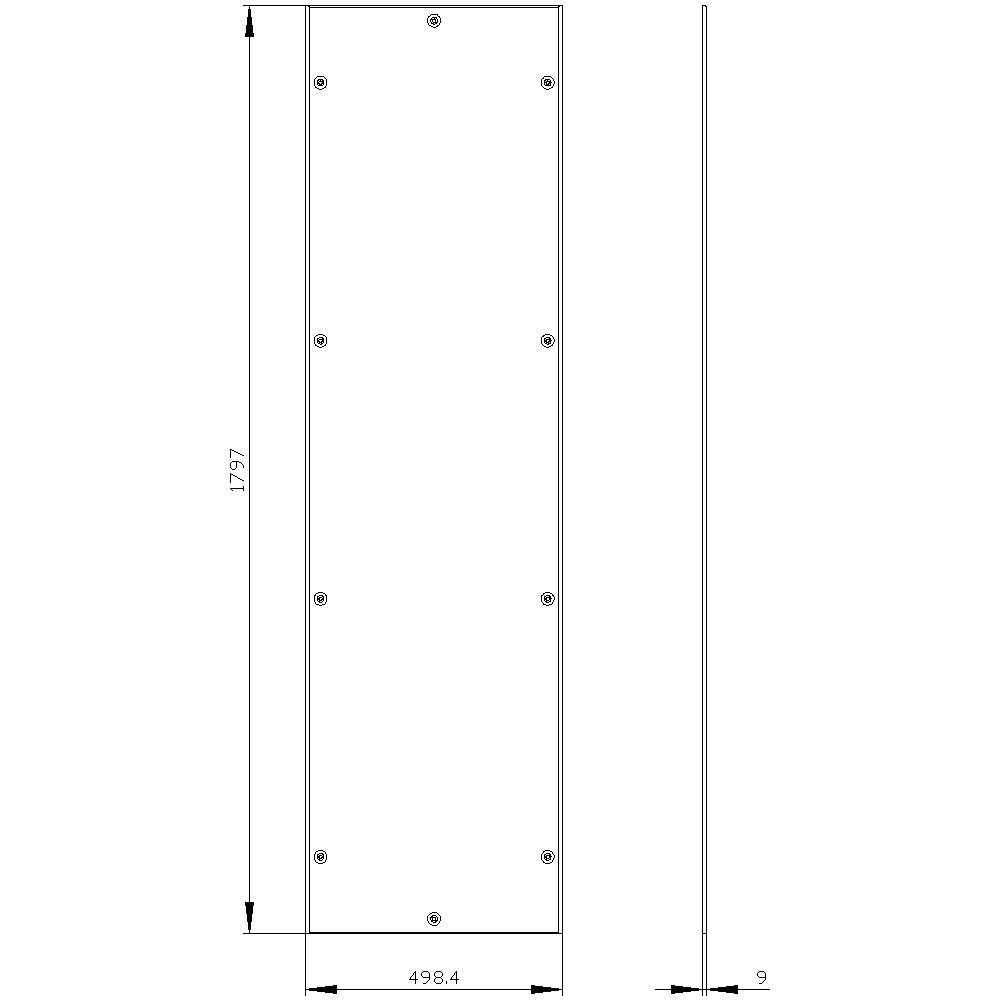 Tekening van een rechthoekige metalen plaat met afmetingen 498,4 mm x 1797 mm x 9 mm. Schroefgaten gelijkmatig verdeeld.
