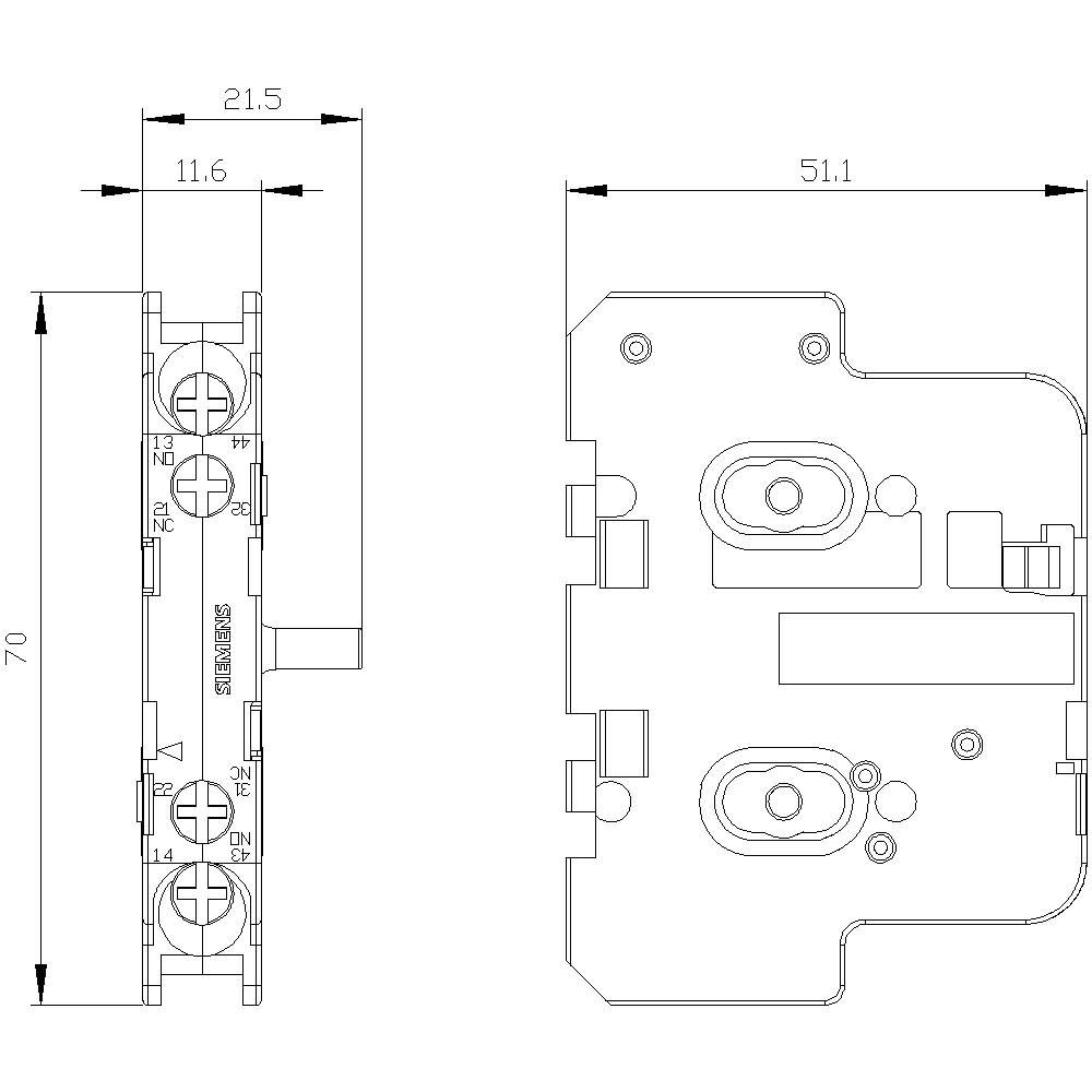 Technische tekening van een mechanisch onderdeel met afmetingen. Toont voor- en zijaanzicht; afmetingen: 70 mm hoogte, 21,5 mm breedte.