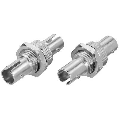 Twee metalen connectoren met een geribde rand en een zeskantmoer, die worden gebruikt voor het verbinden van kabels.