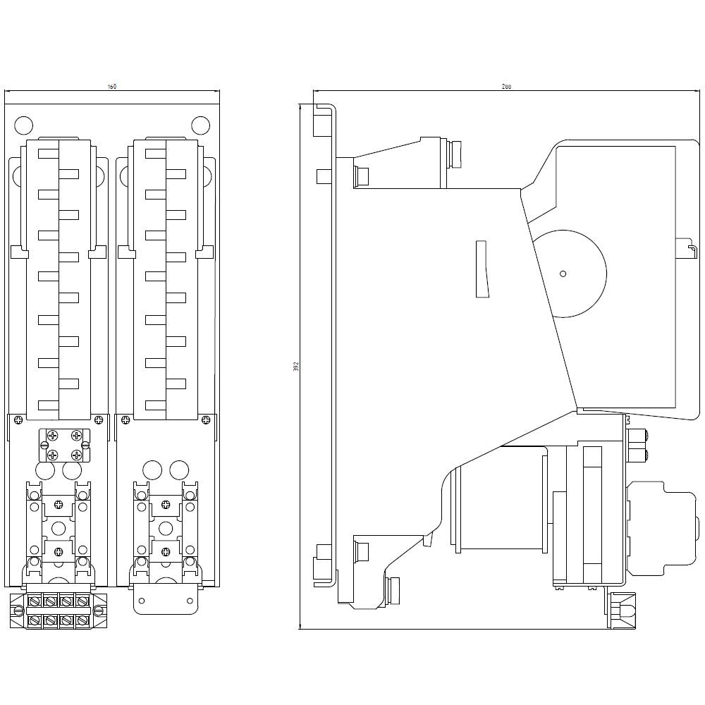 Technische tekening van een elektrische schakelunit met twee verticaal geplaatste hoofdcomponenten en aansluitingen onderaan. Bovenaanzicht links, zijaanzicht rechts.