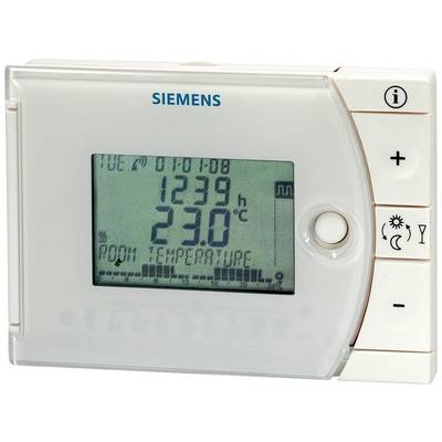 Een ruimtethermostaat met display toont '1239' en '23,0 °C'. Toetsen voor instellingen en informatie zijn rechts zichtbaar.