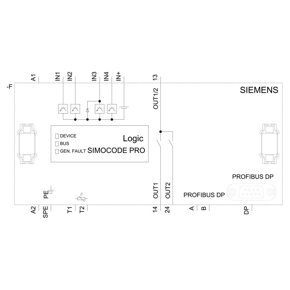 'Bedradingsschema van een Siemens Simocode Pro apparaat met aansluitingen en labels voor logica, IN1-IN4, OUT1-OUT2 en PROFIBUS DP.'