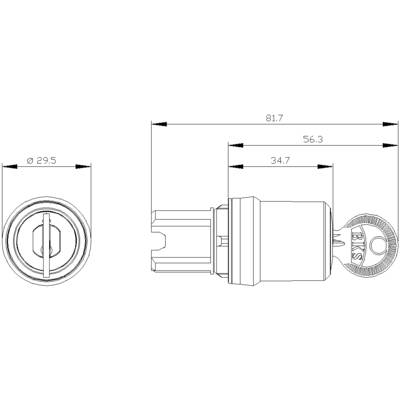 Technische tekening van een cilinderslot met afmetingen. Lengte: 81,7 mm, diameter: 29,5 mm. Toont sleutel en behuizing.