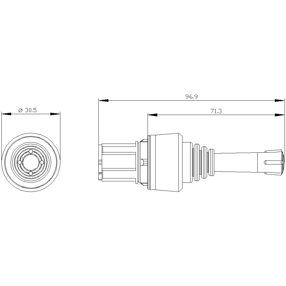 Technische tekening van een onderdeel: Doorsnede en zijaanzicht met afmetingen 96,9 en 71,3 mm lengte, diameter 30,5 mm.