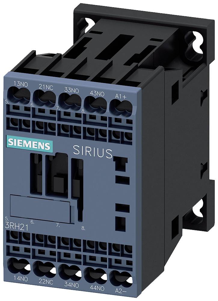 Een zwarte Siemens SIRIUS hulpcontactor met meerdere aansluitklemmen is afgebeeld. Op de voorkant staat '3RH21'.