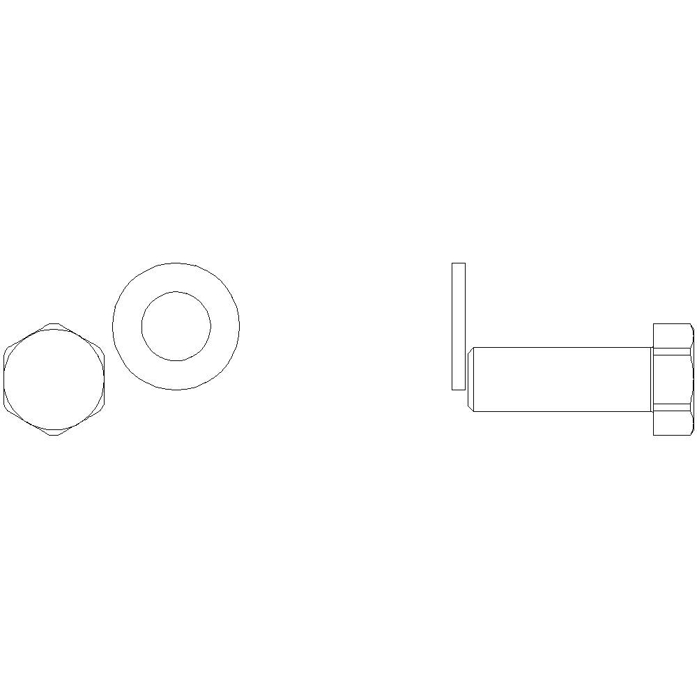 Tekening van een schroefset met moer, sluitring en schroef. Bovenaanzicht en zijaanzicht.